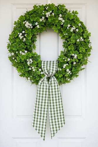 Green & White Plaid Wreath Sash for Front Door - Spring Farmhouse Decor