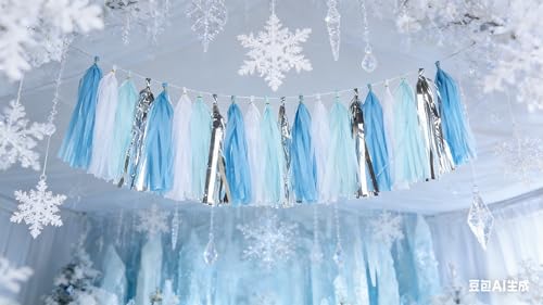 Blue and Silver Tassel Garland Kit - 20 Pcs Tissue Paper DIY Banner