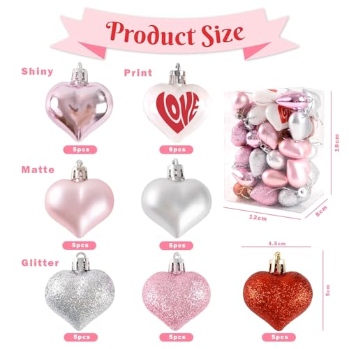 GuassLee Valentines Day Decorations Heart Ornaments - 36pcs Red Pink