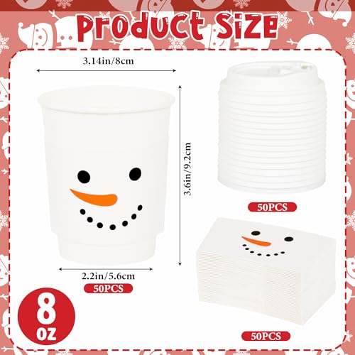 White Snowman Disposable Coffee Cups with Lids & Sleeves - 50 Sets Christmas