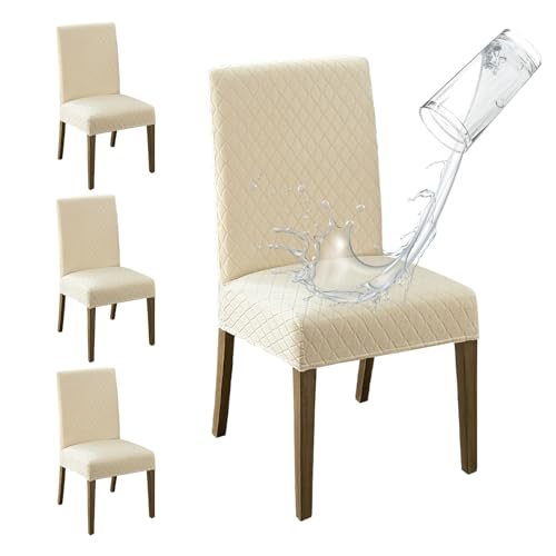100% Waterproof Stretch Jacquard Dining Chair Covers - Set of 4, Beige