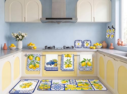 10-Piece Lemon Kitchen Decor Set: Towels, Oven Mitts, and Floor Mats