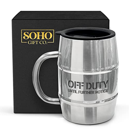 GALVANOX Off Duty Until Further Notice 17oz Insulated Stainless Steel Mug for Men - Gift Boxed Beer & Coffee Cup with Handle & Lid