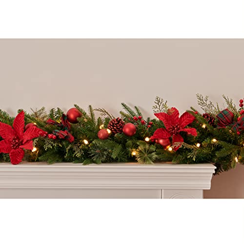 9Ft Red Poinsettia Christmas Garland with Lights - Pre-lit Holiday Decor for Indoor Outdoor, Plug-In, AMERZEST