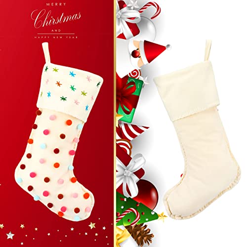 Hopearl Pom Pom Christmas Stocking - Boho Style 18'' Fireplace Sock, Cream, Style 1
