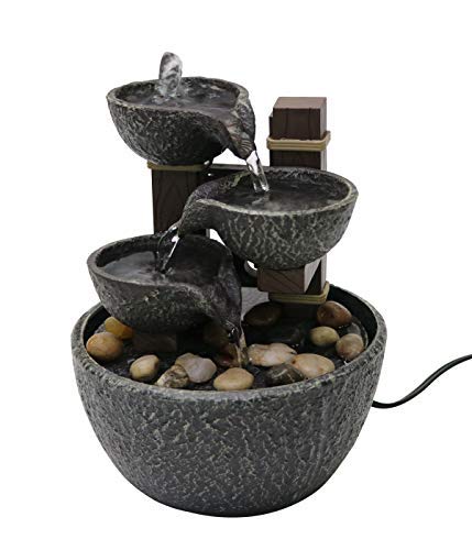 7-Inch Tiered Rock Bowl Tabletop Water Fountain with Natural River Rocks
