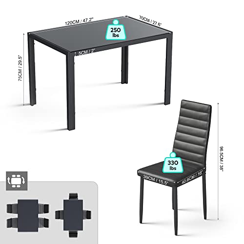 5-Piece Modern Dining Set with Glass Table and 4 Cushioned PU Leather Chairs