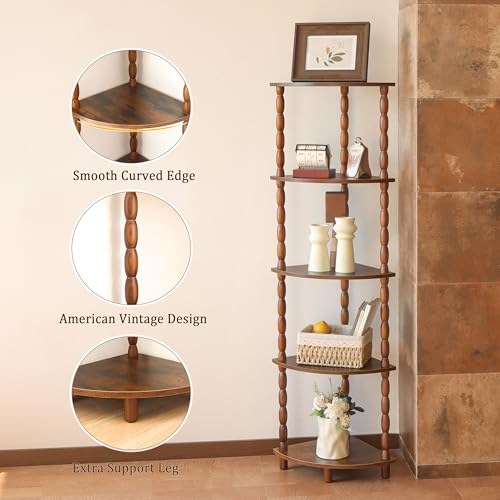 5-Tier Corner Bookshelf, Rustic Brown Wood Storage Display Shelf
