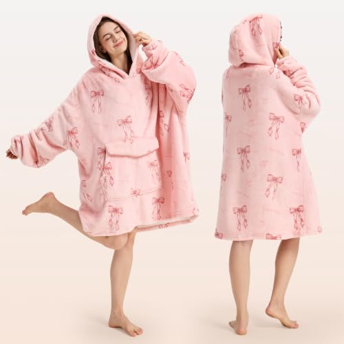 Pink Bow Wearable Blanket Hoodie Oversized Sherpa Sweatshirt for Women Men
