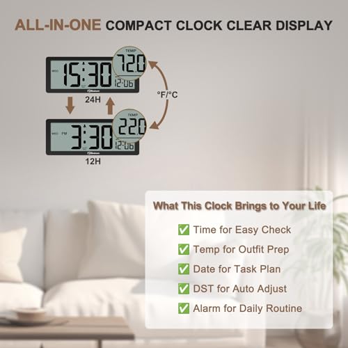 8.5-Inch Digital Wall Clock, Battery Operated with Temperature and Date