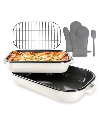 Enamel Turkey Roasting Pan with Rack Set - Oven Safe Casserole Dish, Large & Medium Sizes