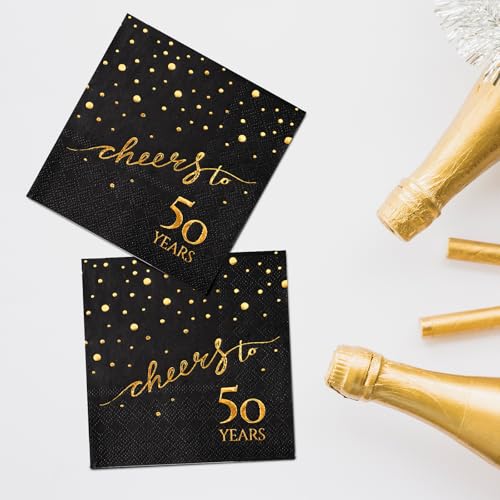 50th Birthday Napkins - Cheers to 50 Elegant Black & Gold Cocktail Party Pack, 100 Count