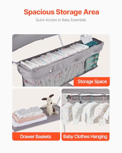 Foldable Baby Changing Table with Storage and Adjustable Height, Gray