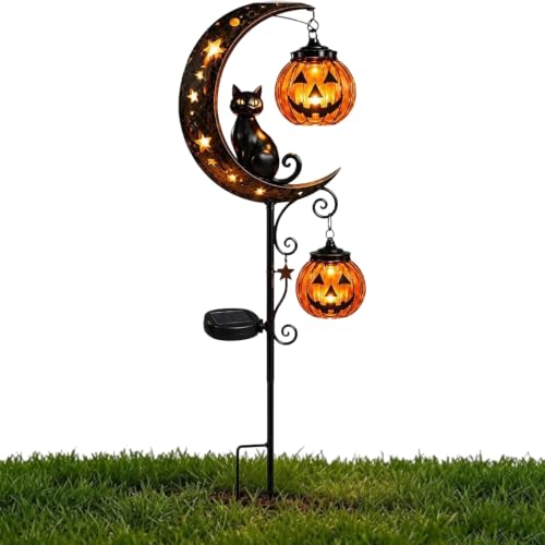 Solar Halloween Black Cat & Pumpkin Moon Stake Light, Outdoor Metal LED Decor