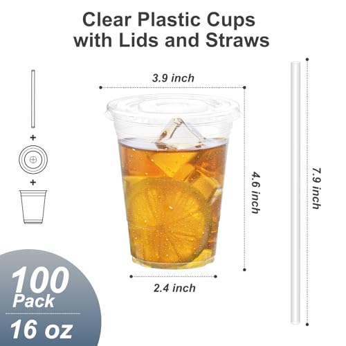16 oz Clear Plastic Cups with Lids & Straws (100 Pack) - Iced Coffee Cups