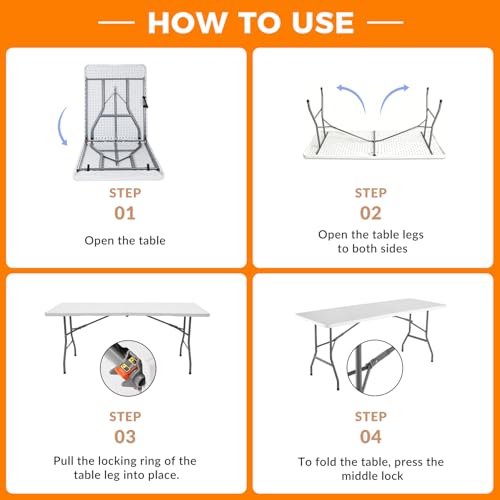 6ft Heavy Duty Folding Table - Portable Fold-in-Half Utility Table