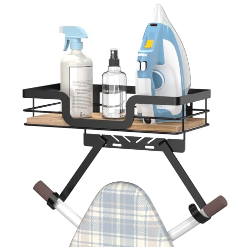 Wall-Mounted Ironing Board Hanger with Wood Shelf for Laundry Room Storage