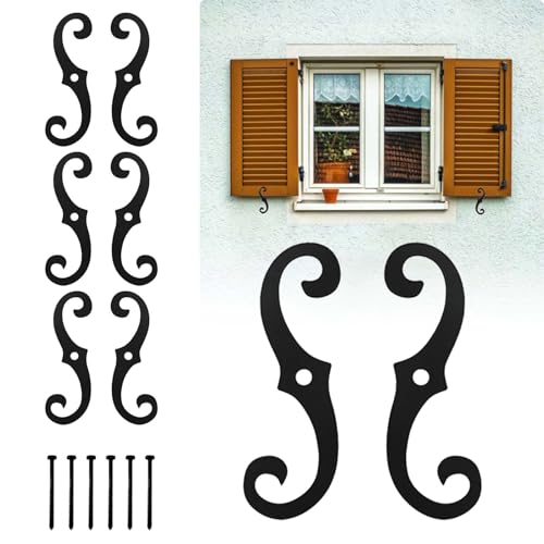 6 Pcs 6.5-Inch S-Style Shutter Dogs, Black Iron Exterior Shutter Tiebacks