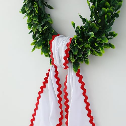 Canvas Wreath Sash for Front Door, White with Red Rick-Rack Trim
