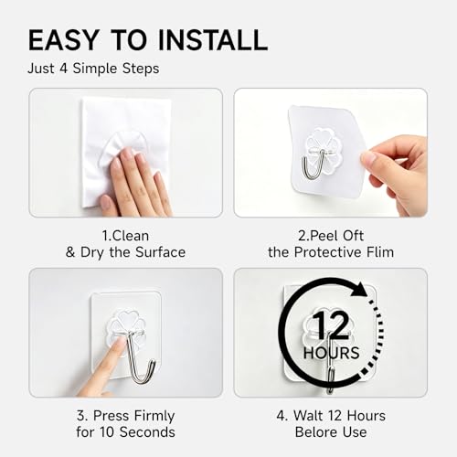 16-Pack Heavy Duty Adhesive Hooks, Clear Damage-Free Wall Hooks for Hanging