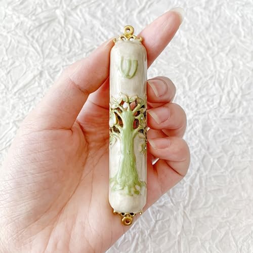 9.5-Inch Hand-Painted Metal Mezuzah with Pomegranate Flower and Scroll