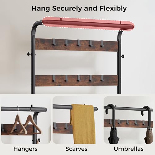 5-in-1 Industrial Hall Tree with Shoe Bench, Hanging Rod and 12 Hooks