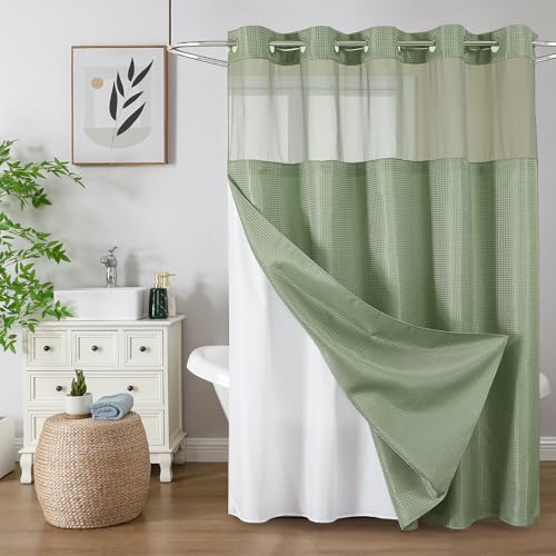 Sage Green Waffle Shower Curtain Set with Snap-in Liner, 72x75