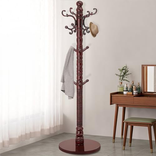 OIRUMIE Vintage Wooden Coat Rack with 14 Hooks - Triangle Base, Adjustable Height