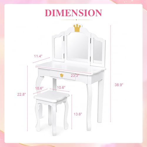 Kids Vanity Table and Chair Set with Tri-Folding Mirror and Storage Drawer