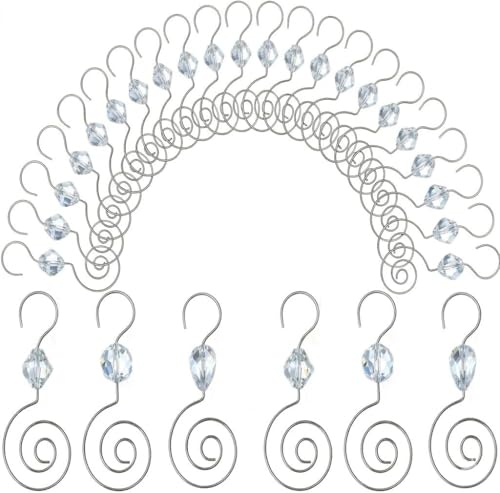 Silver Ornament Hooks with Crystal Accent - 36 Pack Stainless Steel Tree Hangers