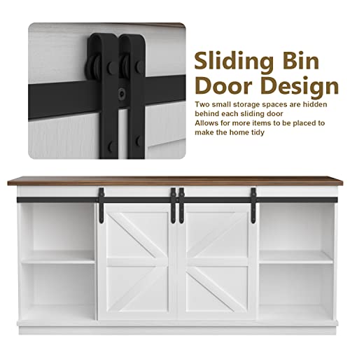Farmhouse TV Stand with Sliding Barn Doors for 65 Inch TVs, White