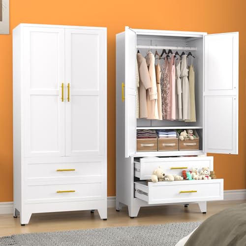 71-Inch Metal Wardrobe Closet with Hanging Rod, Adjustable Shelves and Drawers