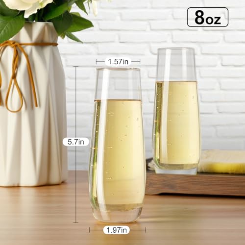 PARACITY Set of 2 8oz Stemless Champagne Flutes - Hand Blown Clear Glass for Cocktails & Sparkling Wine
