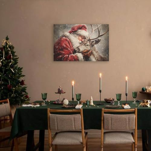 Vintage Santa and Reindeer Christmas Wall Art Canvas Print 16x12in Framed