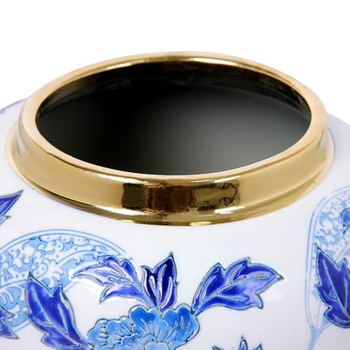 Andaliz Blue and White Ginger Jar 16" Tall Vase with Gold Trim - Porcelain Decor