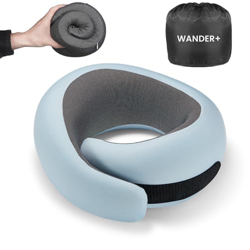 WANDER PLUS Ergonomic Memory Foam Travel Neck Pillow for Flights - Sky Blue