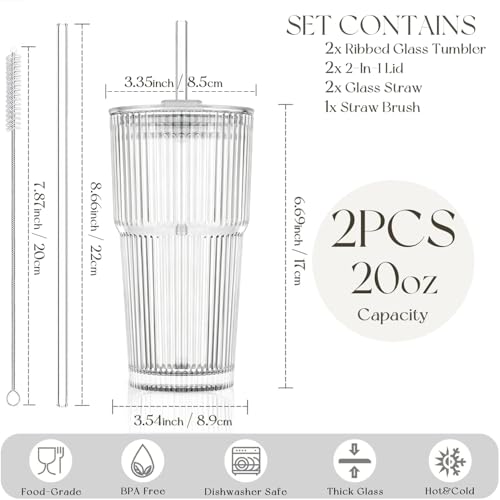 20oz Ribbed Glass Tumbler with Lid and Straw - Reusable Iced Coffee Cup