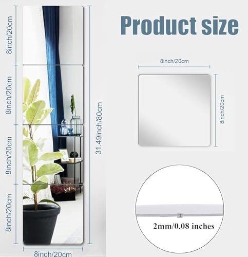 6 Pack Acrylic Mirror Tiles, 8x8 Inch Self-Adhesive Flexible Wall Mirrors