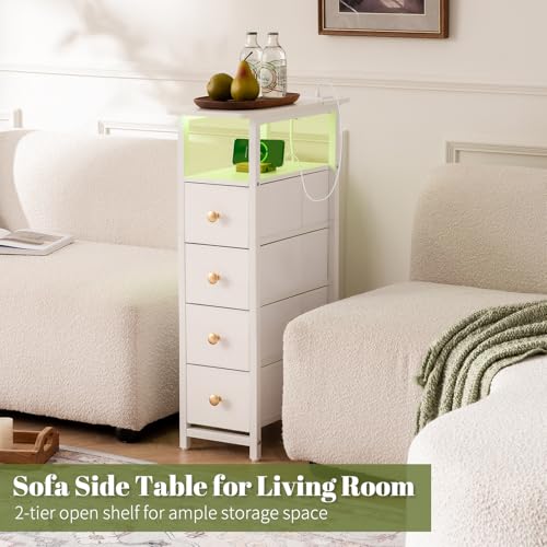 Tall Narrow Nightstand with Charging Station, LED Lighting & 4 Fabric Drawers