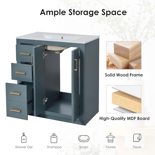 30-Inch Bathroom Vanity with Ceramic Sink, Blue Freestanding Storage Cabinet