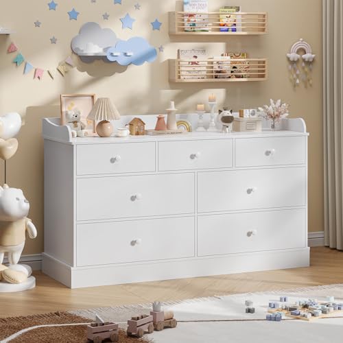 7-Drawer Kids Dresser with Raised Edge Top - White Nursery Storage Cabinet