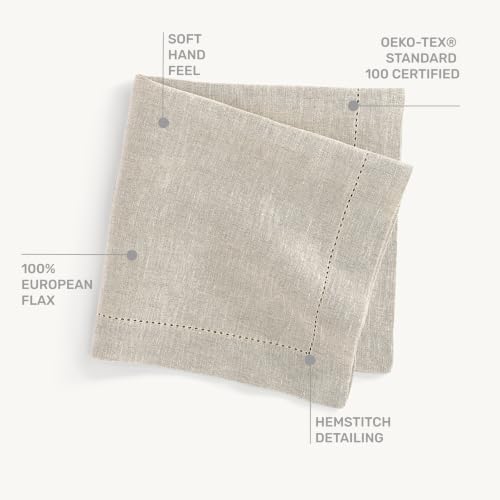 Solino Home Light Flax Hemstitch Linen Dinner Napkins Set of 4, 20x20"