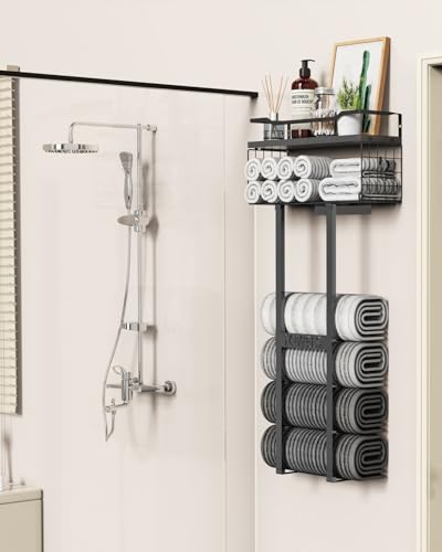 Wall Mounted Bathroom Towel Rack with Wood Floating Shelf, 31-Inch