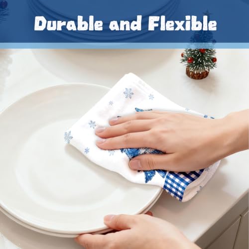 HEIFAM 6-Piece Christmas Kitchen Towels Set White Snowman Blue Plaid 26x17
