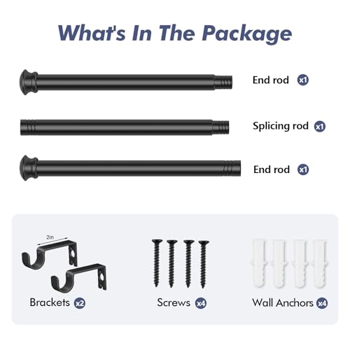 Adjustable Black Curtain Rod 30 to 45 Inch, 5/8 Inch Stainless Steel Set