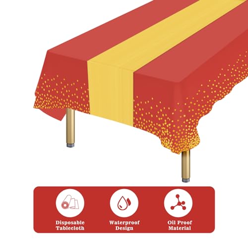 Red and Gold Disposable Tablecloth & Satin Table Runner Set - 12 Pack