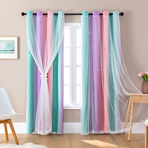 XiDi Double-Layer Rainbow Blackout Curtains with Star Cutouts, 63x34