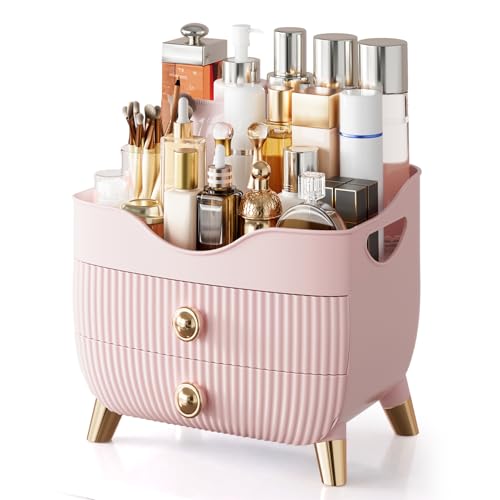 Pink Makeup Organizer with Drawers & Top Compartment - Large Capacity Vanity Storage