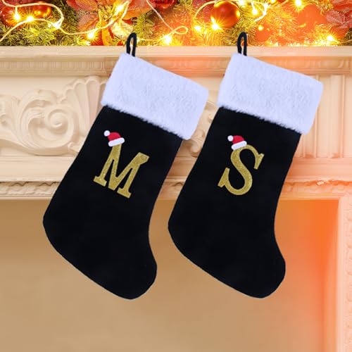 Sailup 20in Monogram Christmas Stocking N - Black Velvet with Plush Cuff, Large Letter N