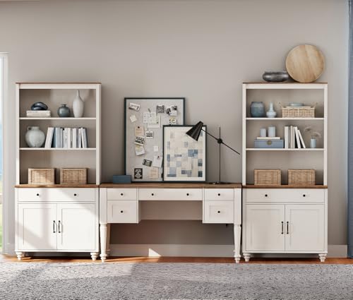 Farmhouse Executive Desk and Tall Bookcase Set with Charging Station